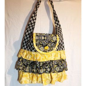 Fabric purse handmade yellow black print 12" x12" bag 24" strap 3 ruffled tiers
